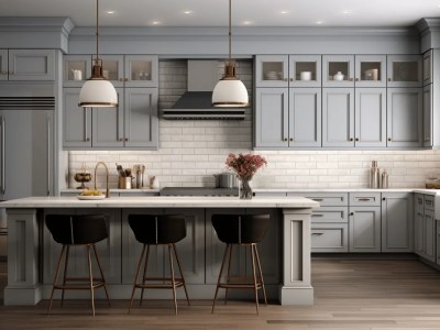 Kitchen Featuring Gray Cabinets And Black Stools