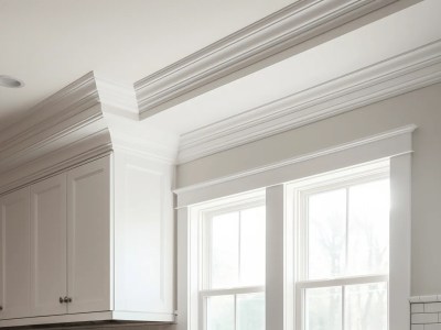 Kitchen Has A Crown Molding And A Window