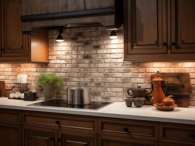 Kitchen Has A Wood And Brick Backsplash