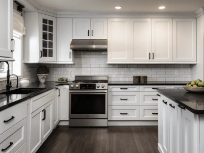 Kitchen Has Black Wood Floors And White Cabinets