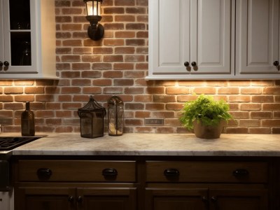 Kitchen Is Shown In Dim Light With White Cabinets And Potted Plants