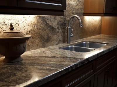 Kitchen Showing Polished Granite Countertops