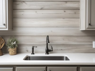 Kitchen Sink On A Wood Wall With A Dark Countertop And A Grey Sink With White Bowls