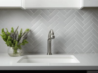 Kitchen Sink With White Countertops And Herringbone Tile In Grey