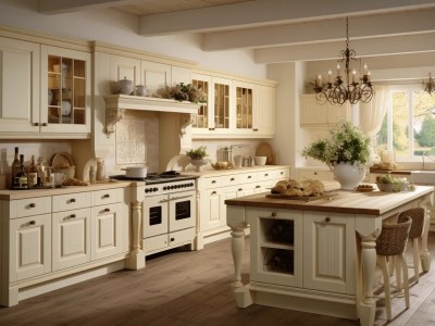 Kitchen Style White Wooden Cabinets And A Wooden Ceiling