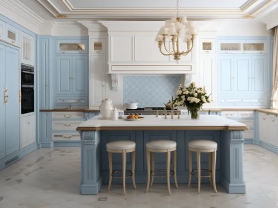 Kitchen With A Blue And White Color Scheme