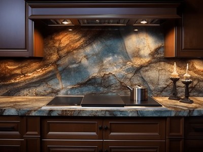 Kitchen With A Brown Wood Counter On Its Back Wall And Several Marble Tiles