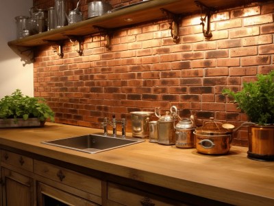 Kitchen With A Copper Pipe On A Brick Wall