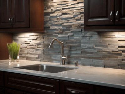 Kitchen With A Dark Sink, Tiled Backsplash And Lights