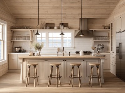 Kitchen With A Wooden Island And Bar Stools