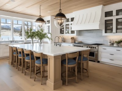 Kitchen With An Island And White Wooden Ceiling