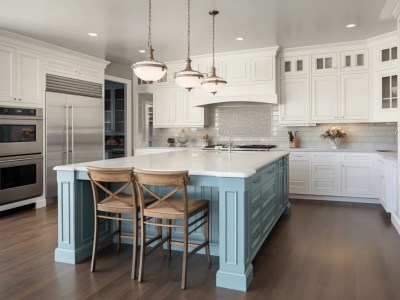 Kitchen With An Island Made Of White Wood And Blue Wood