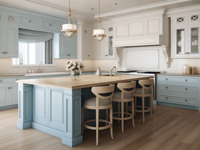 Kitchen With Blue And Light Wood