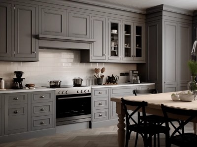 Kitchen With Dark Gray Cabinets And A Table