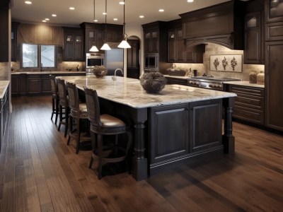 Kitchen With Dark Wood Cabinets, Granite Countertops And Wooden Floors