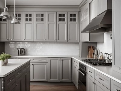 Kitchen With Gray Cabinets And Wood Floors