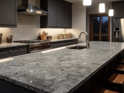 Kitchen With Gray Granite Countertops And Dark Cabinetry