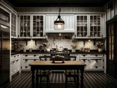 Kitchen With Light Fixtures And A Table