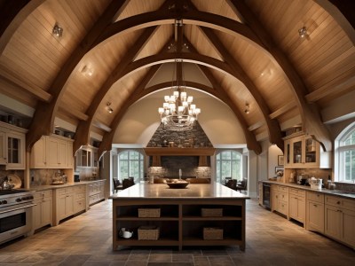 Kitchen With Vaulted Ceilings And Wood Furniture