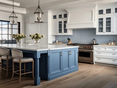 Kitchen With White And Blue Cabinets And Wooden Floors