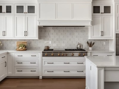 Kitchen With White Cabinets, Sconces And A Stainless Steel Stove