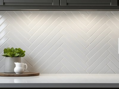 Kitchen With White Tile And A Plant Over A Counter