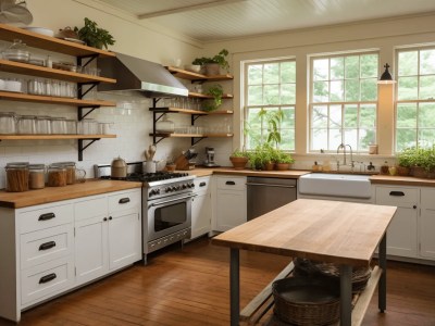 Kitchen With Wood Shelves, Counters And A Stove