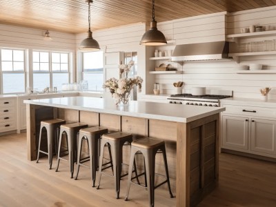 Kitchen With Wooden Cabinets And Wood Stools Next