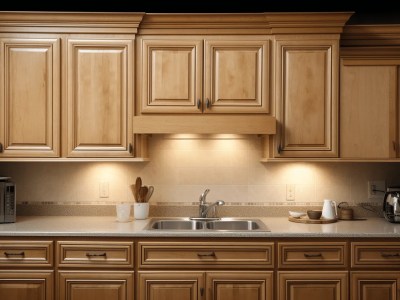 Kitchen With Wooden Cupboards, Sink, And Lights