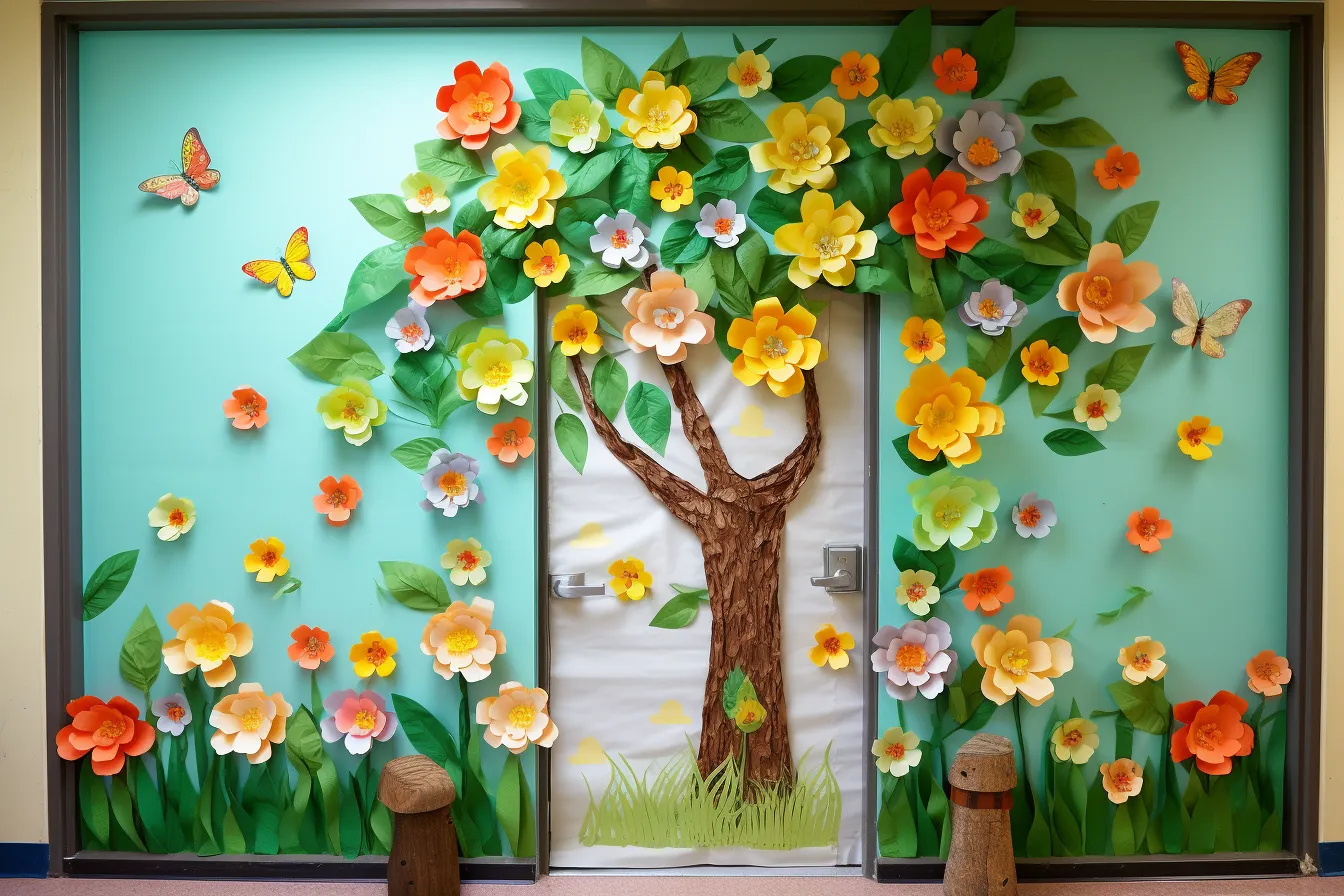 Teacher uses a paper tree on the front door of classroom, flower and nature motifs, colorful dreams, spectacular backdrops, accurate and detailed, yellow and brown, use of precious materials, vibrant and colorful