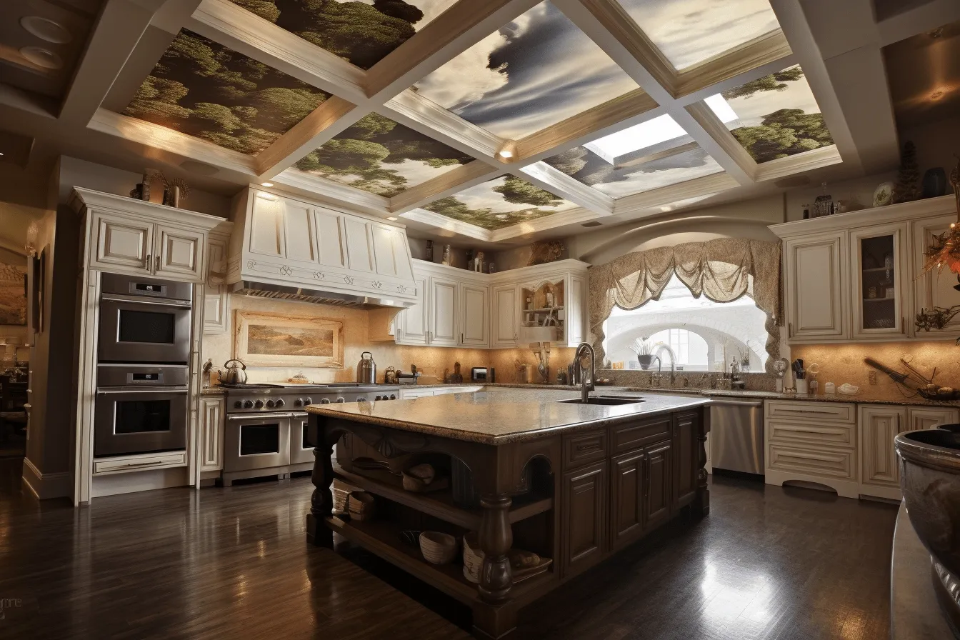 Kitchen features an expansive ceiling that has a painted mural, photo-realistic landscapes, light yellow and dark brown, detailed fantasy, layered translucency, adventure themed, meticulous details, detailed skies