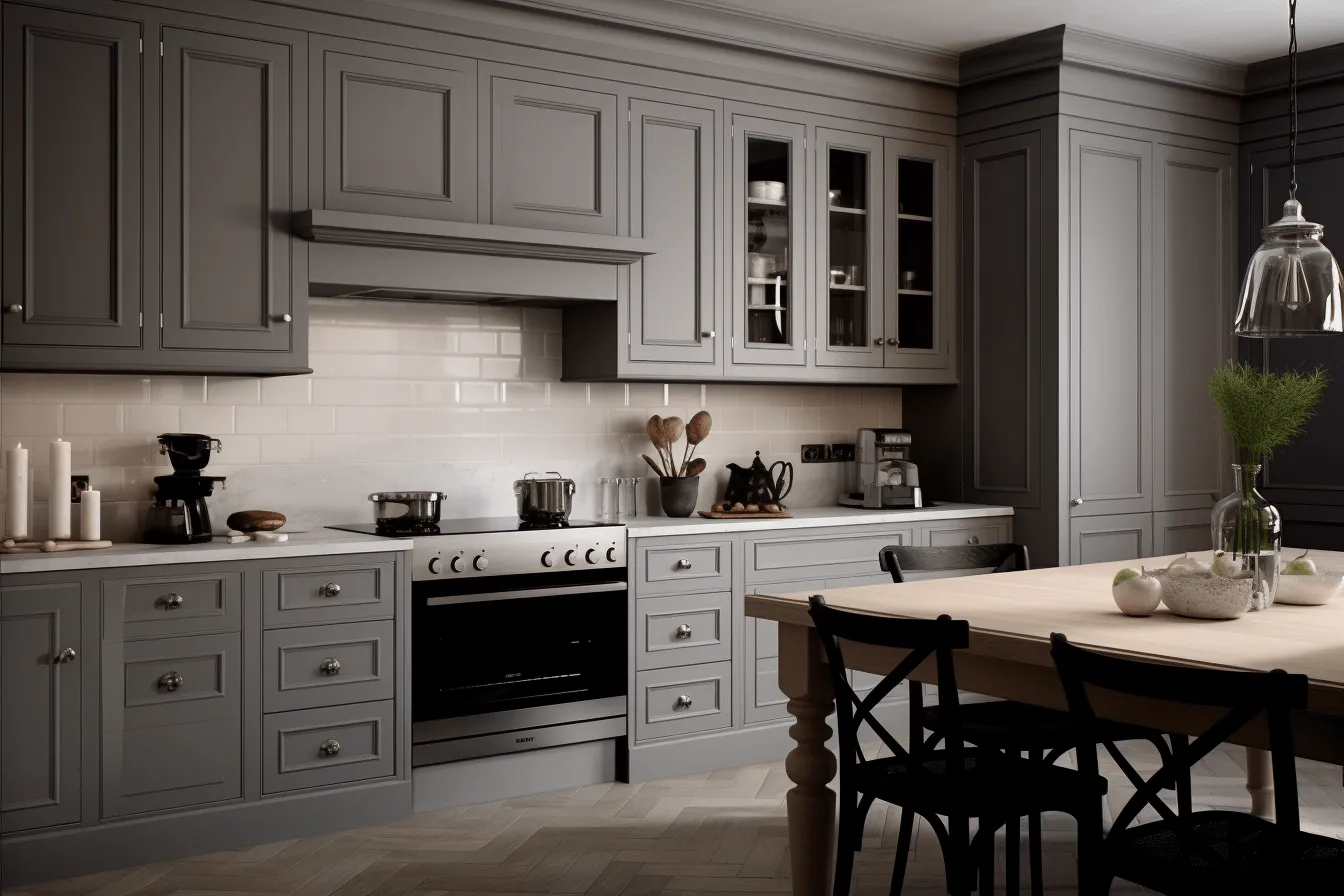 Grey kitchen with wood floors and cabinetry, traditional craftsmanship, daz3d, traditional british landscapes, monochromatic intensity, danish golden age, ready-made, neoclassicism