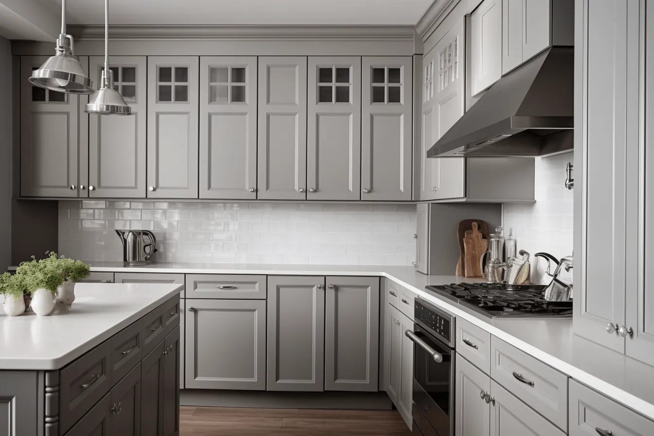 Grey cabinets in the kitchen, hyperrealistic rendering, historically accurate, rtx on, soft focal points, high detailed, ilford pan f, close-up intensity