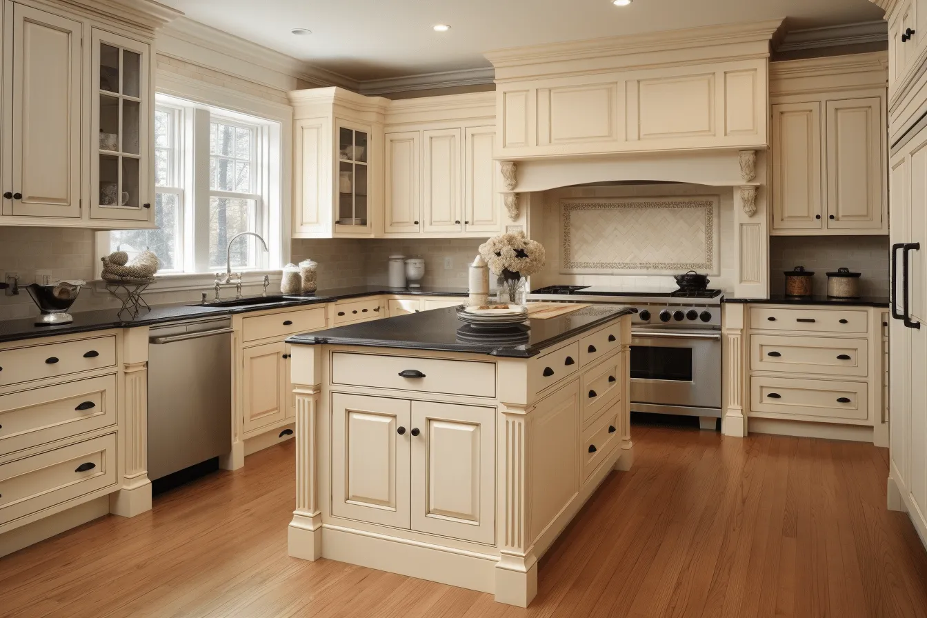 Kitchen with some cream cabinets and hardware, detailed craftsmanship, detailed, layered compositions, light beige and black, 32k uhd, late 19th century, vibrant, soft-edged