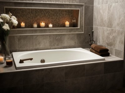 L Shaped Bathtub In A Bathroom That Has Candles