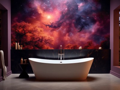 Large Bathroom With A Black Background And A Ceiling With A Starry Space