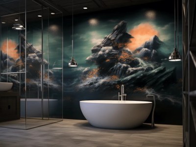 Large Bathroom With A Tub And A Bathroom Wall That Includes A Large Mural Of Mountains