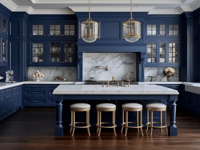 Large Blue Kitchen With Marble Counter Tops