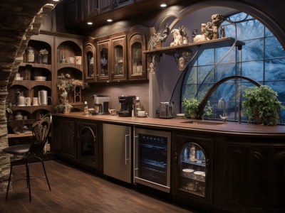 Large Brown Kitchen With An Antique Wood Kitchen Counter