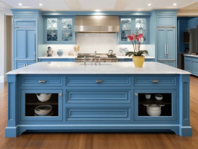 Large Center Island In Blue Kitchen