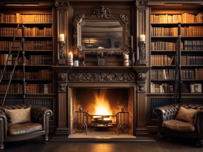 Large Collection Of Books In A Fireplace With A Leather Chair