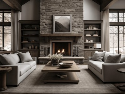 Large Cozy Living Room With A Stone Fireplace