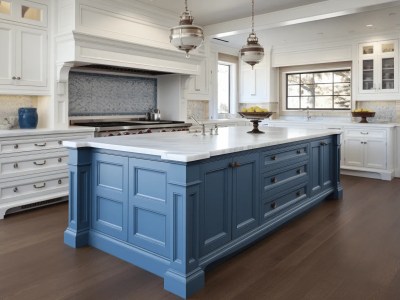 Large Kitchen With A Center Island And Blue Cabinetry