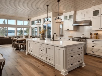 Large Kitchen With A Wood Floor And White Cabinets