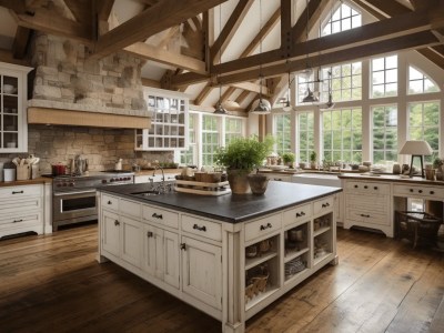 Large Kitchen With Large Windows And Wood Beam Ceiling