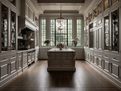 Large Kitchen With White Cabinets, Marble Counters And Island