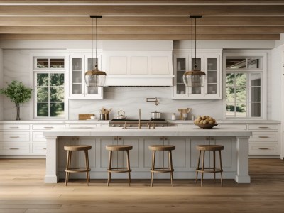 Large Kitchen With Wood Floors And Wooden Stools Is Shown