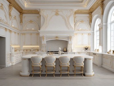 Large Luxurious Kitchen In A White And Gold Tone