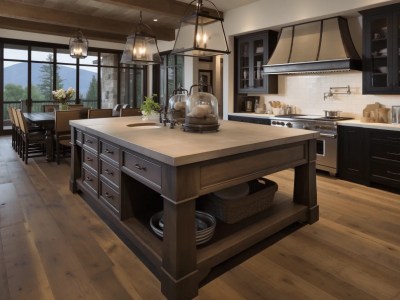 Large Rustic Kitchen With A Dark Wood Table, And Island And Light Fixtures