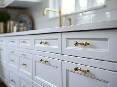 Large White Kitchen With White Knobs And Brass Handles